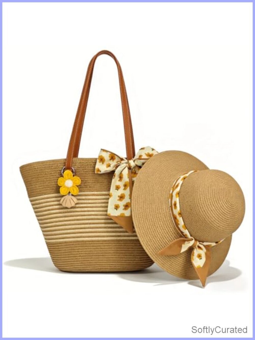 Straw Hat and Woven Tote Bag Set with Clip UPF 50+ Sun Protection
